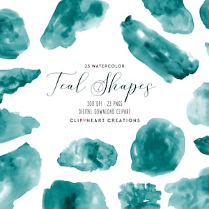 Teal Watercolor Shapes Clip Art, Commercial Use Instant Download PNG Handpainted Watercolour Splashes Digital Clip Art, Watercolor Clipart