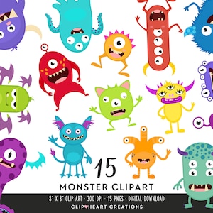 ClipArt di mostri, uso commerciale Download istantaneo PNG Clipart digitale di piccoli mostri, 15 set di clipart digitali con grafica di mostri carini