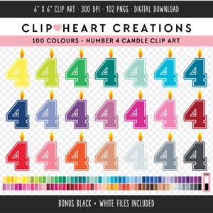 100 Number Four Birthday Candle Clip Art, Commercial Use Instant Download PNG Numbered Birthday Candle Digital Clipart, 4th Birthday Clipart