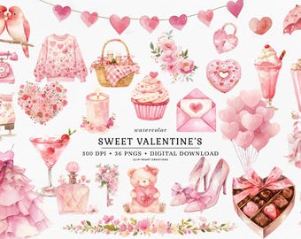 Sweet Valentines Watercolor Clipart Collection, Commercial Use Instant Download PNG Watercolour Digital Clip Art, Pink Romantic Valentine