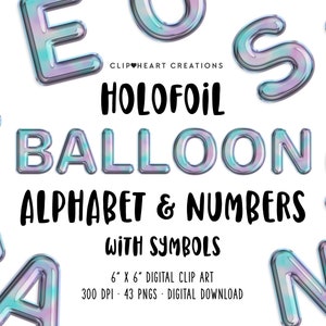 Alfabeto de globo de lámina holográfica Clip Art, uso comercial Descarga instantánea Alfabeto de globos de holograma, Imágenes prediseñadas digitales del alfabeto de globos