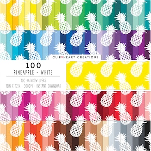 May include: 100 digital paper designs featuring a white pineapple silhouette on a rainbow background. Each design is 12 inches by 12 inches and 300 DPI.