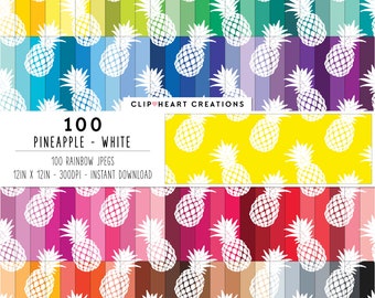 100 Pineapple Pattern Digital Papers, Commercial Use Seamless White Pineapples Digital Paper Pack, Tropical Pineapple Planner Papers