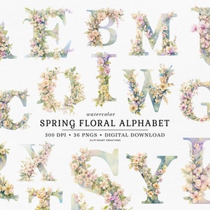 Spring Florals Alphabet Clip Art, Uso comercial Descarga instantánea Digital Alphabet Clipart, Acuarela Flores Letra Alfabeto Clipart