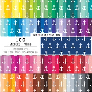 100 Anchor Pattern Digital Paper Pack, Commercial Use Instant Download Seamless Nautical Anchor Digital Papers, White Anchor Planner Papers