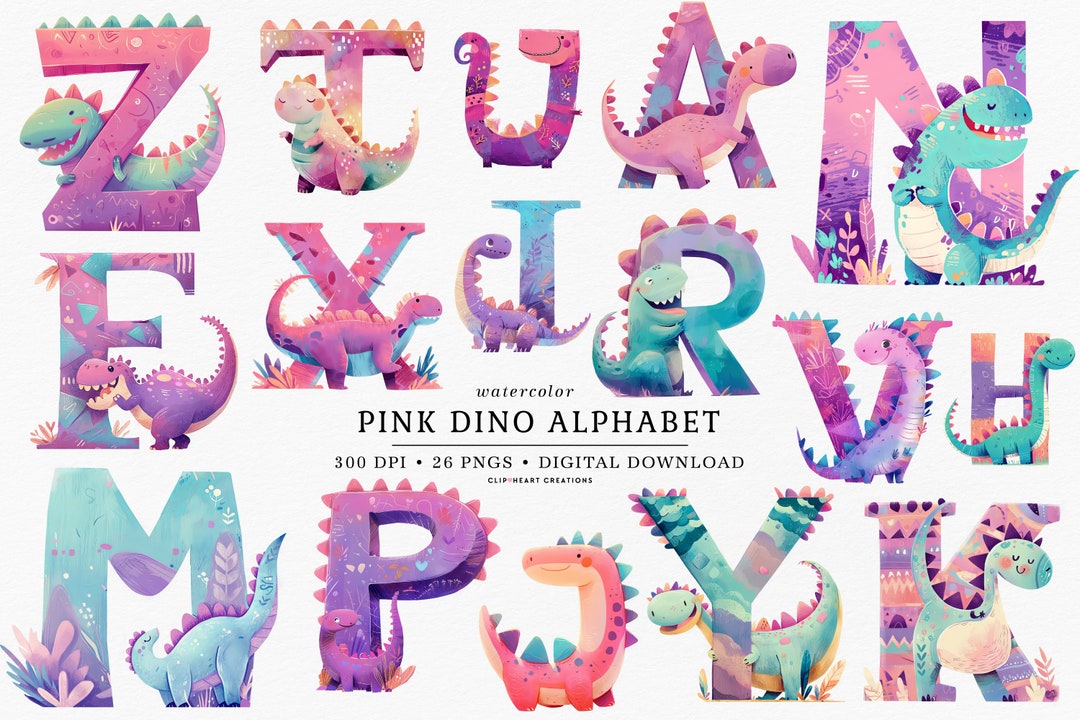 Pink Dinosaur Alphabet Clip Art, Commercial Use Instant Download Pastel ...