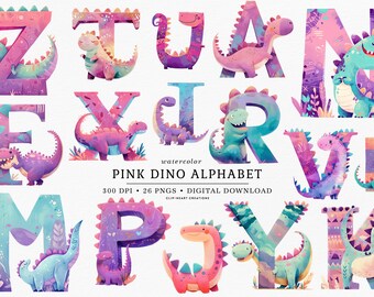 May include: Watercolor alphabet letters with pink, purple, and blue dinosaur illustrations. Each letter has a dinosaur with a different pose and expression. The letters are in a whimsical style with a watercolor effect.