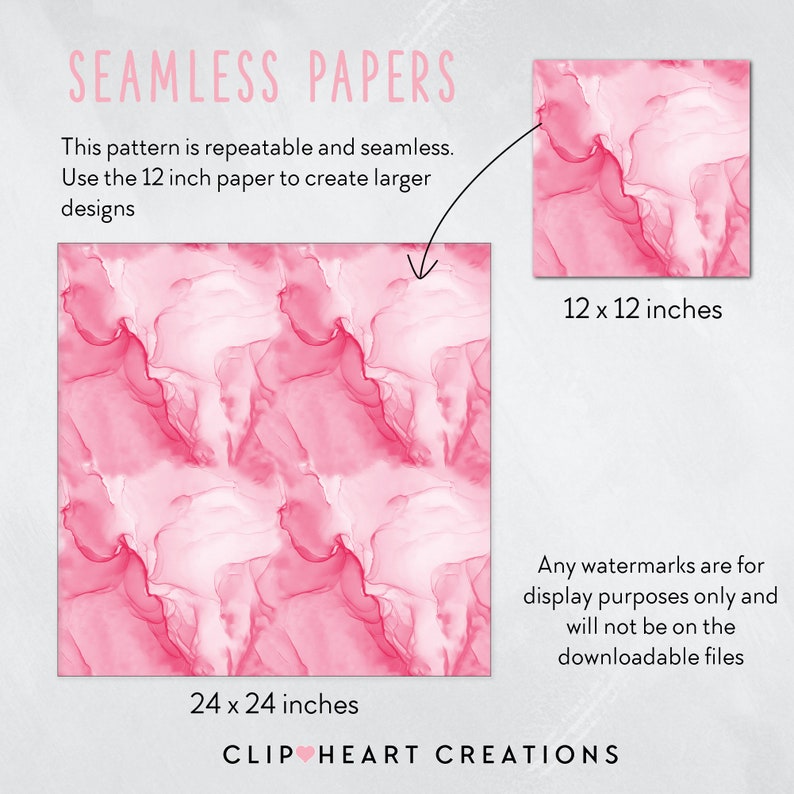 May include: A seamless digital paper pattern featuring a pink and white abstract design. The pattern is 24 inches by 24 inches and can be used to create larger designs. The text "SEAMLESS PAPERS" is at the top of the image. The text "CLIP HEART CREATIONS" is at the bottom of the image.
