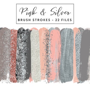 Pink & Silver Brush Strokes Clip Art, Silver Brush Strokes Clipart Paint Strokes, Commercial Use Instant Download Pink Glitter Brush Strokes
