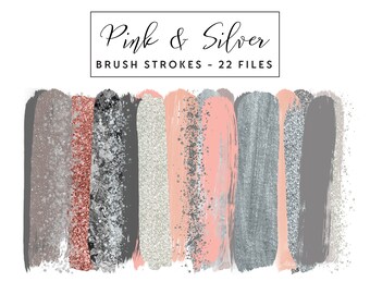 Pink & Silver Brush Strokes Clip Art, Silver Brush Strokes Clipart Paint Strokes, Commercial Use Instant Download Pink Glitter Brush Strokes
