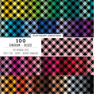 100 Gingham Pattern Digital Paper, Commercial Use Seamless Black Gingham Digital Papers, Gingham Digital Planner Paper Pack