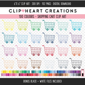 100 ショッピング カート アイコン デジタル クリップ アート、商用利用可、即時ダウンロード PNG カート デジタル クリップ アート、レインボー ショッピング カート クリップ アート