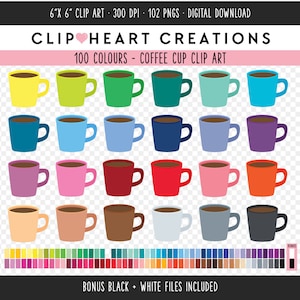 100 Kaffeetasse digitale ClipArt, kommerzielle Nutzung Sofortiger Download PNG Tasse Kaffee digitale ClipArt, Regenbogen Kaffeebecher Planer Clipart