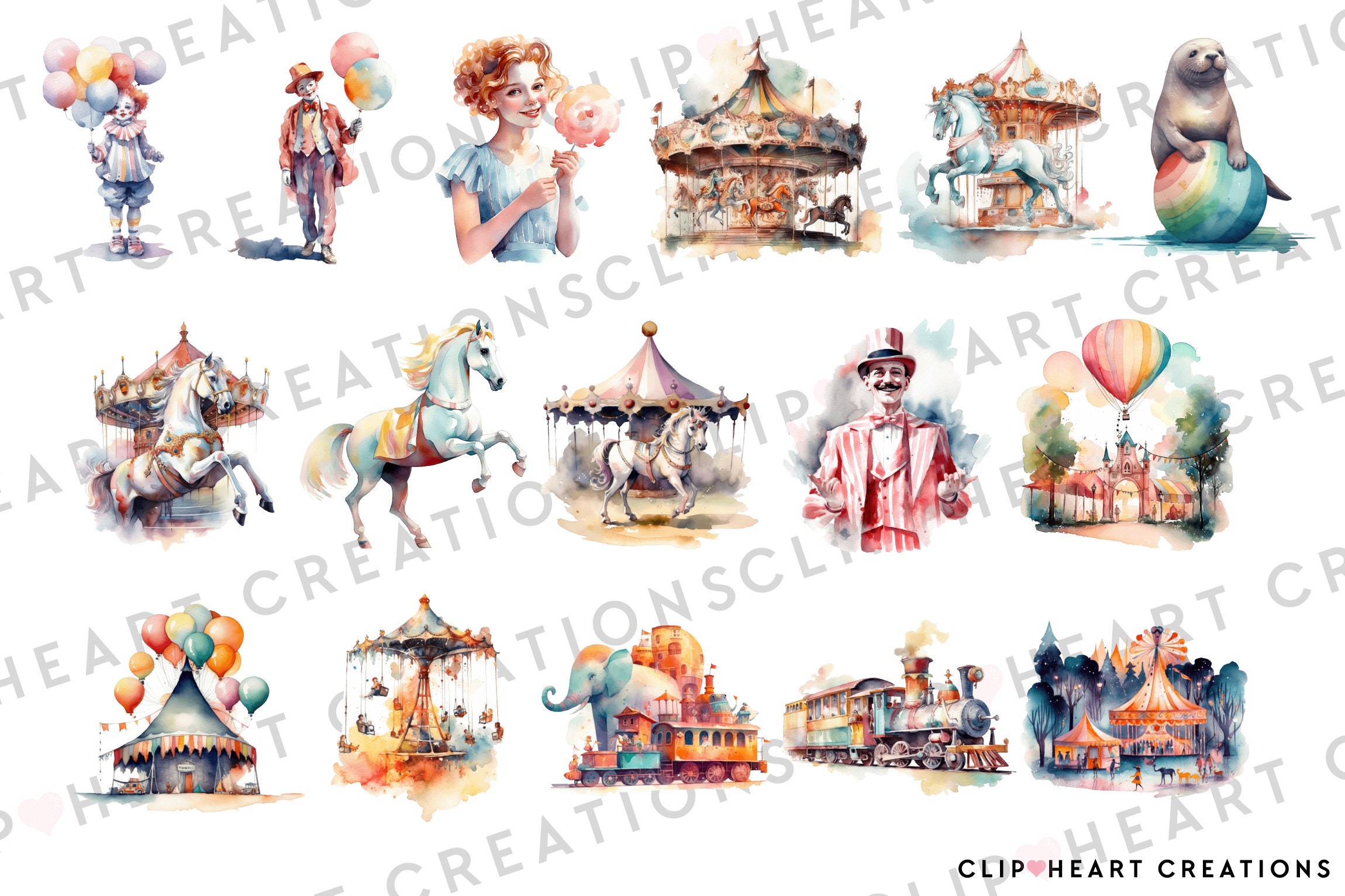 Vintage Circus Watercolor Clipart Collection, Commercial Use Instant ...
