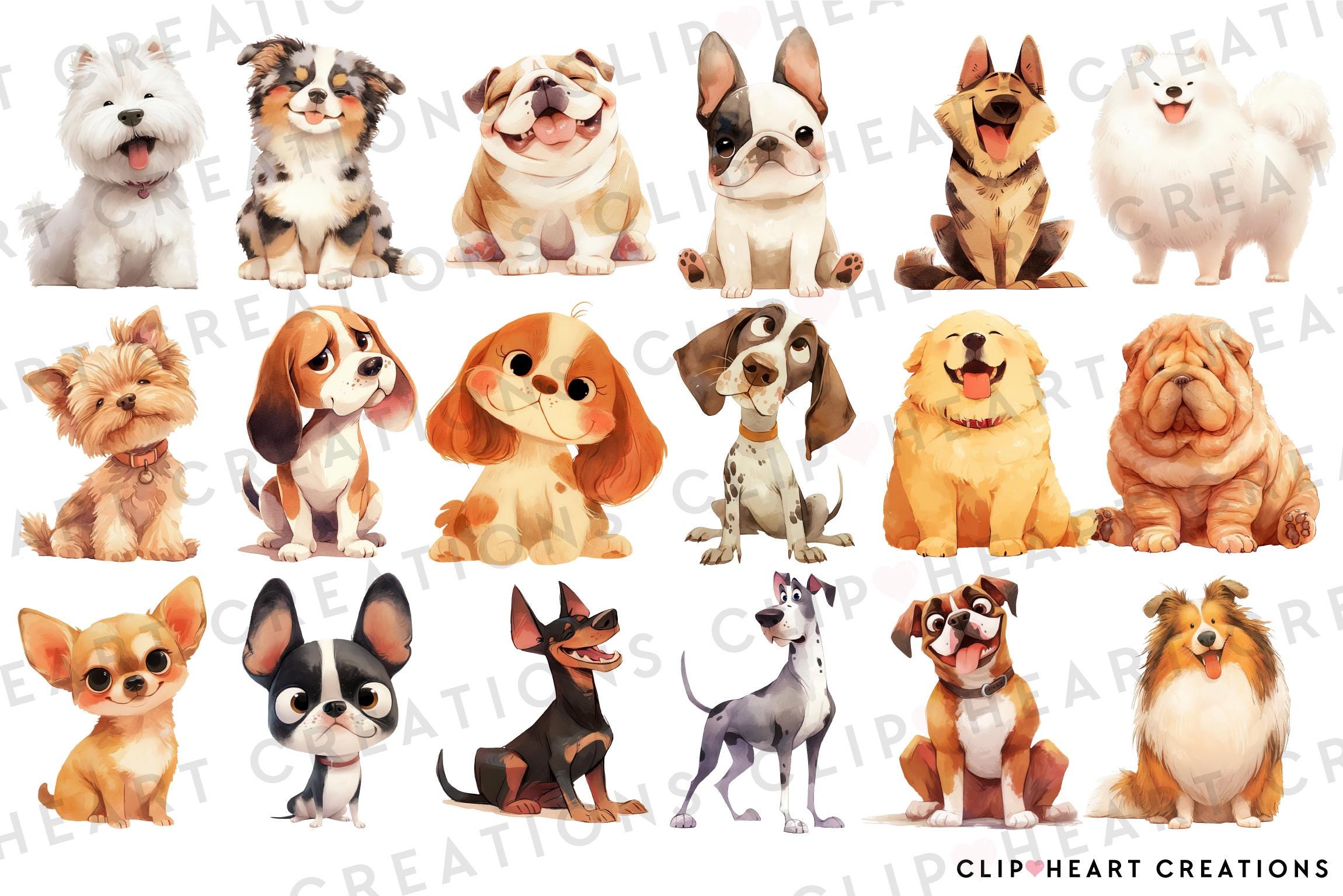 Cute Dog Breeds Watercolor Clipart Set, Commercial Use Instant Download ...