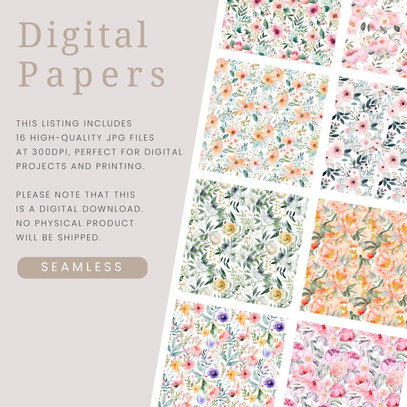 Spring Florals Watercolor Flowers Digital Papers, Seamless Commercial Use Instant Download Spring Flowers Digital Scrapbooking Papers image 3
