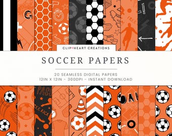 20 Soccer Themed Digital Papers, Seamless Commercial Use Instant Download Orange Football Themed Digital Paper, Sports Digital Papers