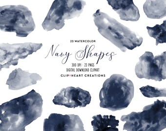 Navy Watercolor Shapes Clip Art, Commercial Use Instant Download PNG Handpainted Watercolour Splashes Digital Clip Art, Watercolor Clipart