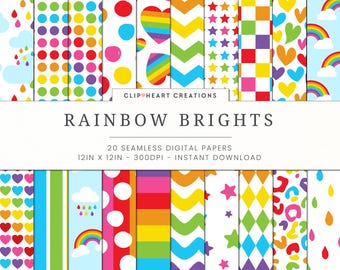 Rainbows Digital Paper Patterns, 20 Seamless Commercial Use Instant Download Bright Rainbow Themed Digital Paper, Rainbow Patterns