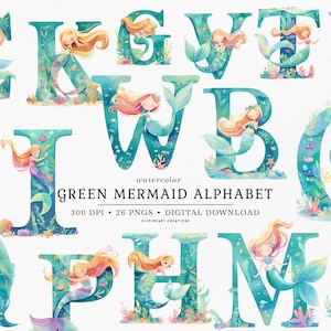 Clipart de alfabeto de sereia, download instantâneo de uso comercial, clipart de alfabeto digital de fantasia, clipart de letras de sereias em aquarela