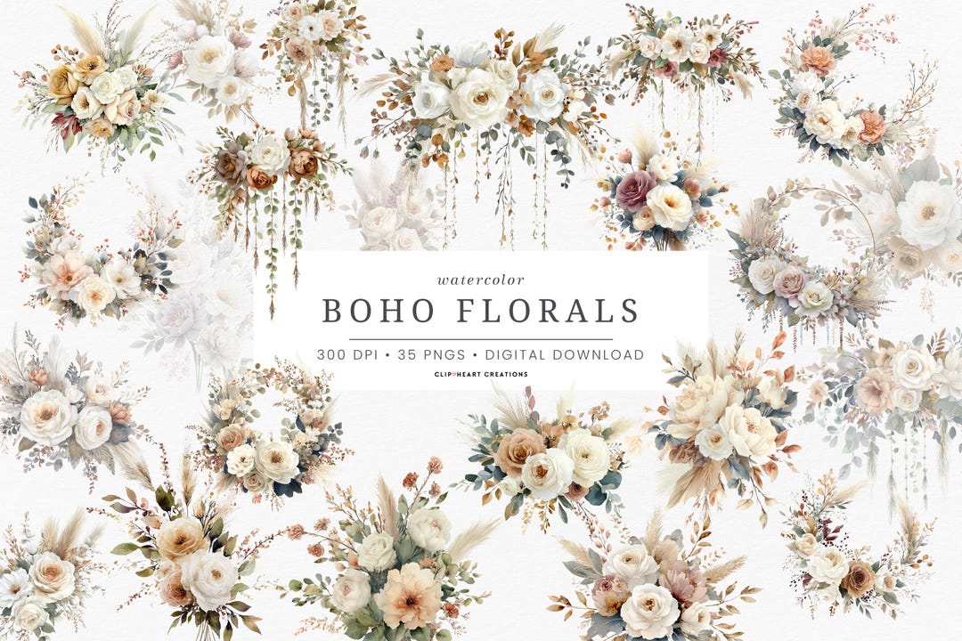 Boho Floral PNG Clipart Bundle: Watercolor Flower Bouquets (digital ...