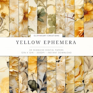 Yellow Vintage Ephemera Floral Digital Papers, Seamless Commercial Use Instant Download Digital Paper, 20 Seamless Digital Papers