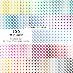 100 Candy Stripes Digital Paper Pack, Commercial Use Instant Download Seamless Rainbow Stripes and Dots Pattern Digital Papers