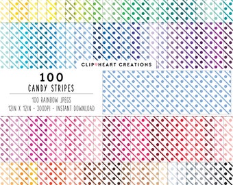 May include: 100 digital paper patterns featuring diagonal stripes and polka dots in a rainbow of colors. Each pattern is 12 inches by 12 inches and 300 DPI.