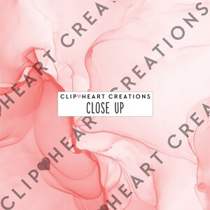 May include: Abstract pink and white marbled background with the text "Clip Heart Creations Close Up" in a white box.