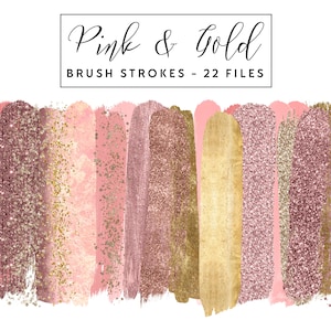 Pink & Gold Brush Strokes Clip Art, Gold Brush Strokes Clipart Paint Strokes, Commercial Use Instant Download Pink Glitter Brush Strokes
