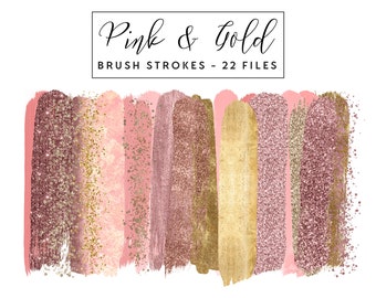 Pink & Gold Brush Strokes Clip Art, Gold Brush Strokes Clipart Paint Strokes, Commercial Use Instant Download Pink Glitter Brush Strokes