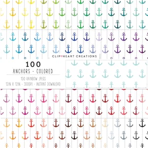 100 Anchors Digital Paper, Commercial Use Instant Download Seamless Nautical Anchors Digital Papers, Rainbow Anchors Nautical Planner Papers