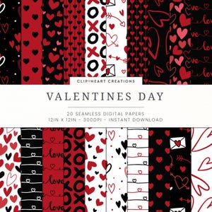 20 papiers numériques sur le thème de la Saint-Valentin, utilisation commerciale transparente, téléchargement immédiat, papier numérique sur le thème de la Saint-Valentin, rouge et noir, Saint-Valentin