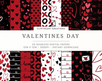 20 Valentines Themed Digital Papers, Seamless Commercial Use Instant Download Valentines Themed Digital Paper, Red and Black Valentines Day
