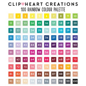 May include: A chart with 100 color swatches arranged in a rainbow pattern. The swatches are numbered from 1 to 100. The chart is titled "CLIP HEART CREATIONS 100 RAINBOW COLOUR PALETTE".