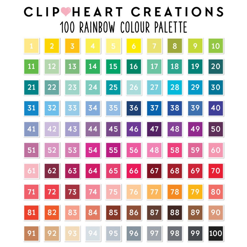 May include: A chart with 100 color swatches arranged in a rainbow pattern. The swatches are numbered from 1 to 100. The chart is titled "CLIP HEART CREATIONS 100 RAINBOW COLOUR PALETTE".