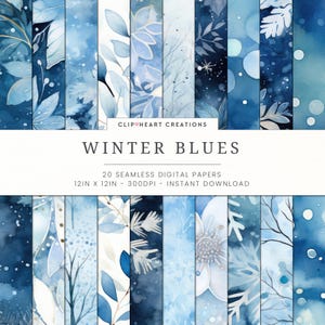 Watercolor Winter Blues Papers, Seamless Commercial Use Instant Download Winter Snowflakes Digital Paper, 20 Seamless Digital Papers