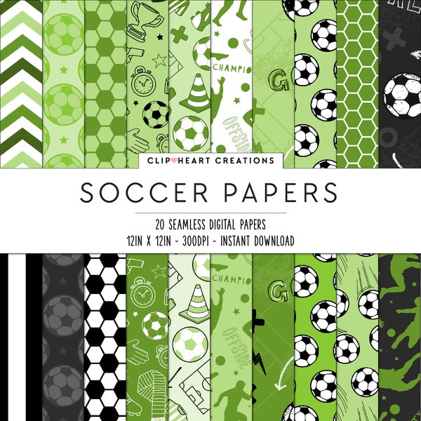 20 Soccer Themed Digital Papers, Seamless Commercial Use Instant Download Green Football Themed Digital Paper, Sports Digital Papers