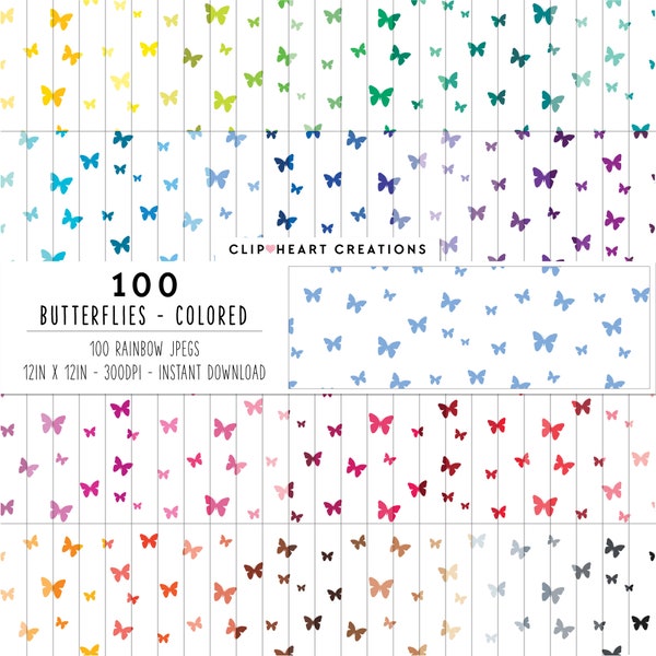 100 Butterfly Pattern Digital Papers, Commercial Use Instant Download Seamless Butterflies Digital Paper, Rainbow Butterfly Planner Papers