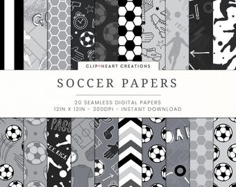 20 Soccer Themed Digital Papers, Seamless Commercial Use Instant Download Black Football Themed Digital Paper, Sports Digital Papers