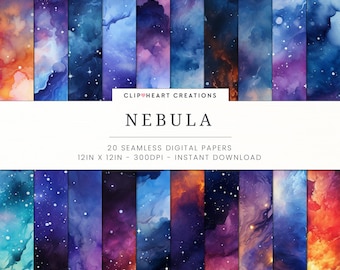 Papeles de acuarela con nebulosa espacial, papel digital de acuarela de galaxia, descarga instantánea, uso comercial sin costuras, 20 papeles digitales sin costuras