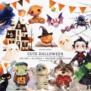 Set di clipart acquerello carino di Halloween, download istantaneo per uso commerciale PNG clipart digitale acquerello, pacchetto acquerello Halloween per bambini