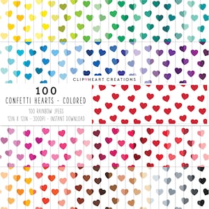 100 Heart Confetti Digital Paper Pack, Commercial Use Instant Download Seamless Rainbow Color Heart Pattern Digital Papers image 1