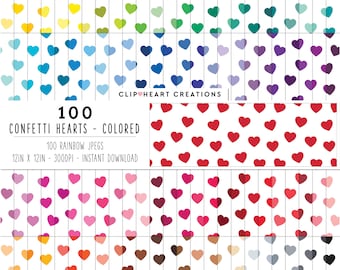 100 Heart Confetti Digital Paper Pack, Commercial Use Instant Download Seamless Rainbow Color Heart Pattern Digital Papers