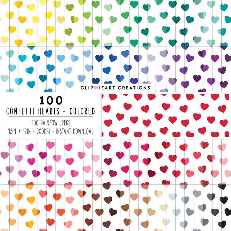 100 Heart Confetti Digital Paper Pack, Commercial Use Instant Download Seamless Rainbow Color Heart Pattern Digital Papers image 1