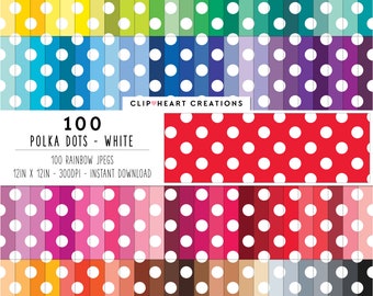 100 Polka Dot Digital Paper, Commercial Use Seamles White Digital Polka Dots Paper Pack 100 White Polka Dotted Pattern Paper