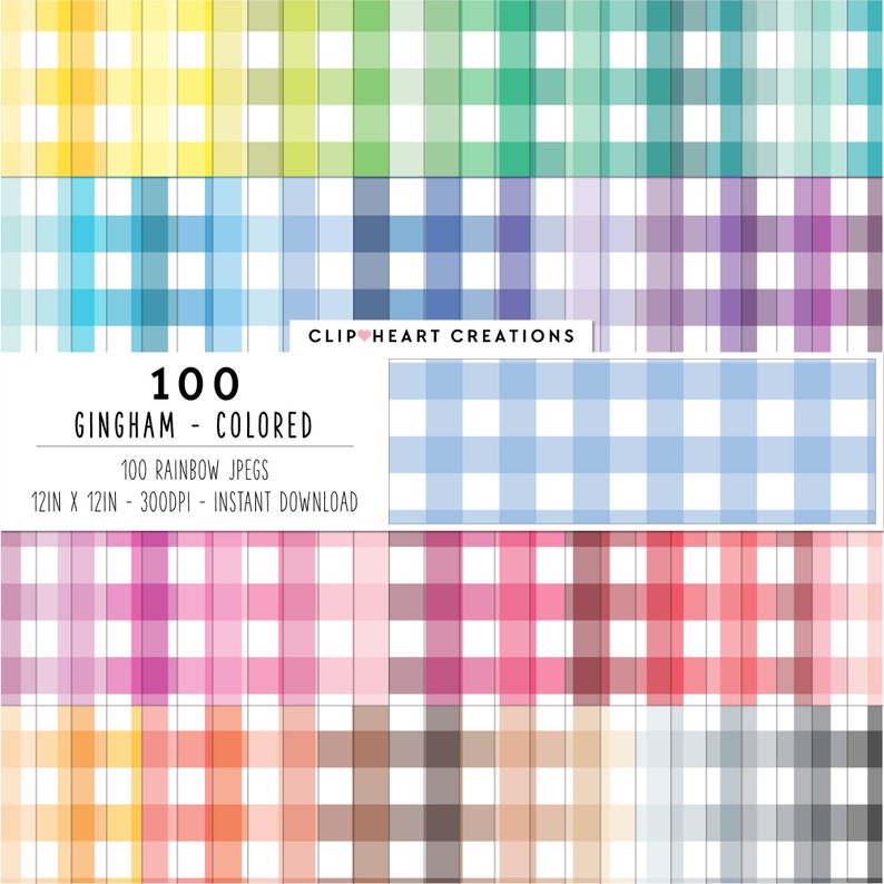 May include: 100 digital gingham patterns in a rainbow of colors. Each pattern is 12 inches by 12 inches and 300 DPI.  The patterns are perfect for digital scrapbooking, card making, and other crafting projects.