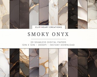 Smoky Onyx Digital Paper Pack -  Seamless Commercial Use Instant Download Marble Black and Gold Marbled Digital Papers