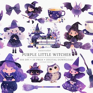 Set di clipart acquerello Halloween streghe carine, uso commerciale Download immediato PNG ClipArt digitale acquerello, grafica Kawaii Halloween