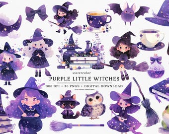 Cute Witches Halloween Watercolor Clipart Set, Commercial Use Instant Download PNG Watercolour Digital Clip Art, Kawaii Halloween Graphics